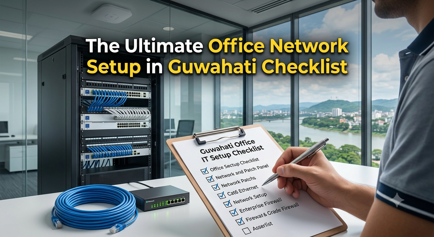 IT technician checking a checklist next to a server rack for an office network setup in Guwahati