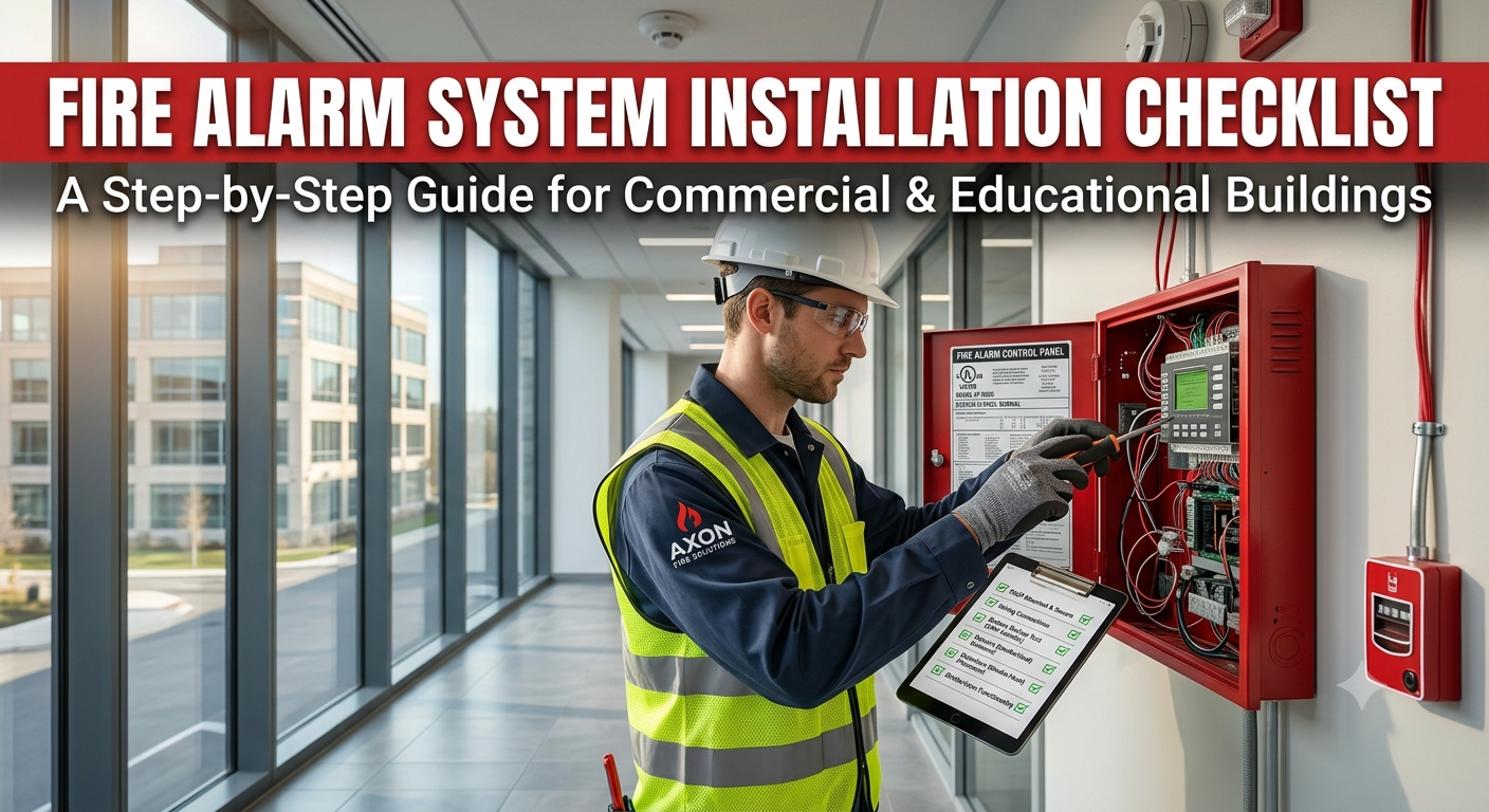 a professional installer working on an open red Fire Alarm Control Panel in an office building corridor, referencing a digital fire alarm system installation checklist on an iPad.