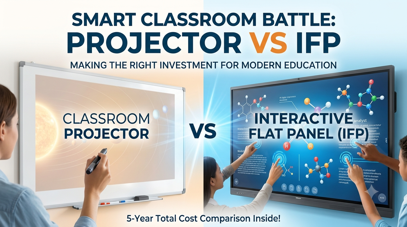 Split-screen comparison of an interactive flat panel vs projector in a modern smart classroom environment.