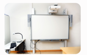 standard ultra-short-throw projector system mounted on a classroom wall..