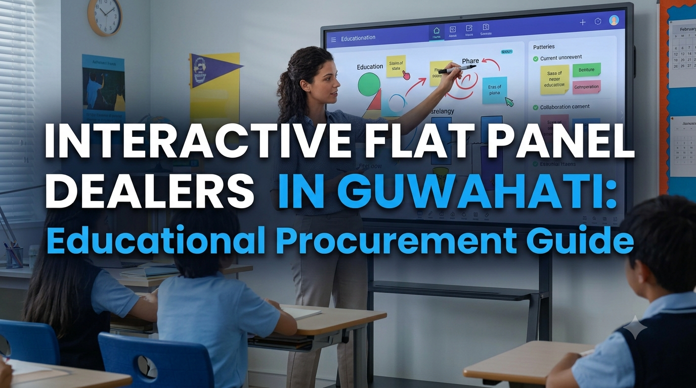 image of flat pannel with text written, Interactive Flat Panel Dealers in Guwahati"