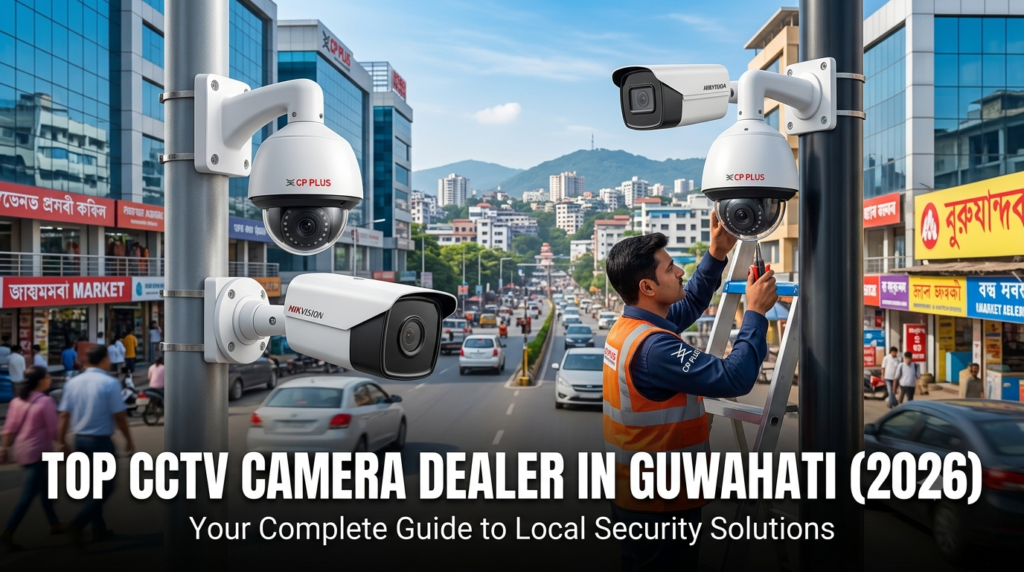 Technician installing security cameras in street scene representing top CCTV camera dealer in Guwahati