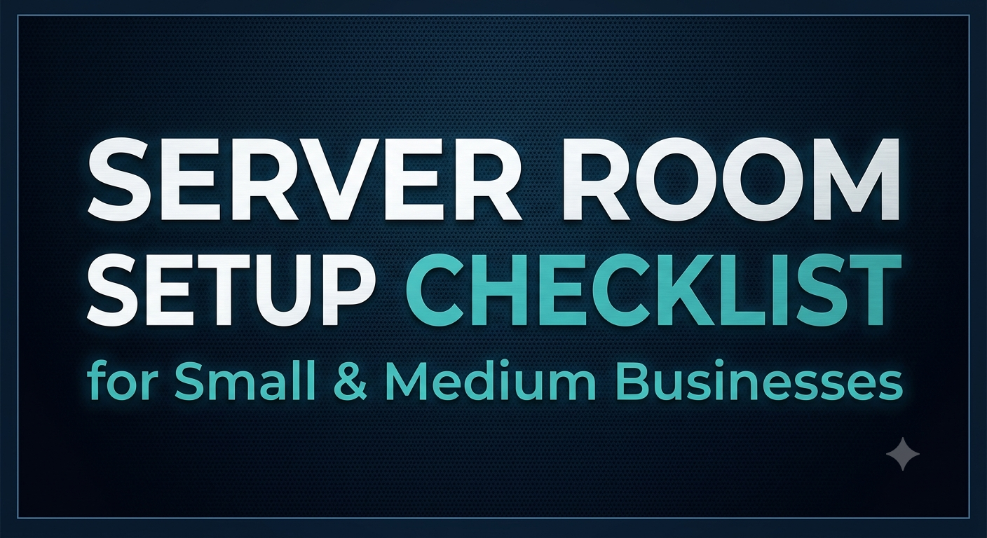 Blog post title image: SERVER ROOM SETUP CHECKLIST for Small & Medium Businesses, presented in a clean, professional font on a navy textured background.